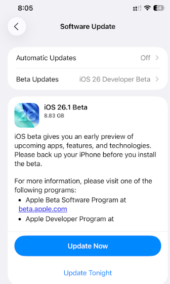 iOS 26.1 beta