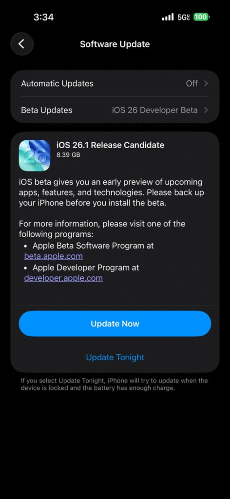 iOS 26.1 release candidate
