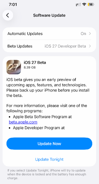 iOS 27 beta
